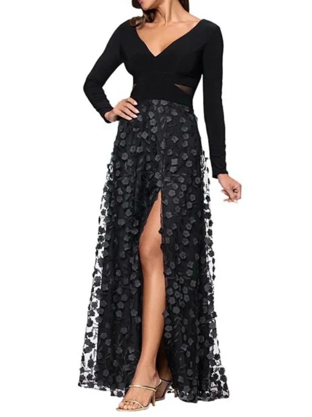 Xscape Black V-Neck Long Sleeve Floral Applique Maxi Dress